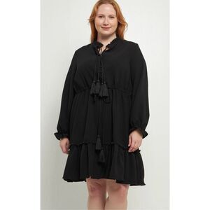 English Factory Black Tassel Trim Ruffle Hem Tiered Dress Size 2X NWOT